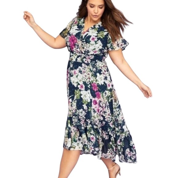 LANE BRYANT Sz 26/28 Blue Floral Dot Ruffle Hem High Low Midi Dress Cottagecore - Picture 1 of 11